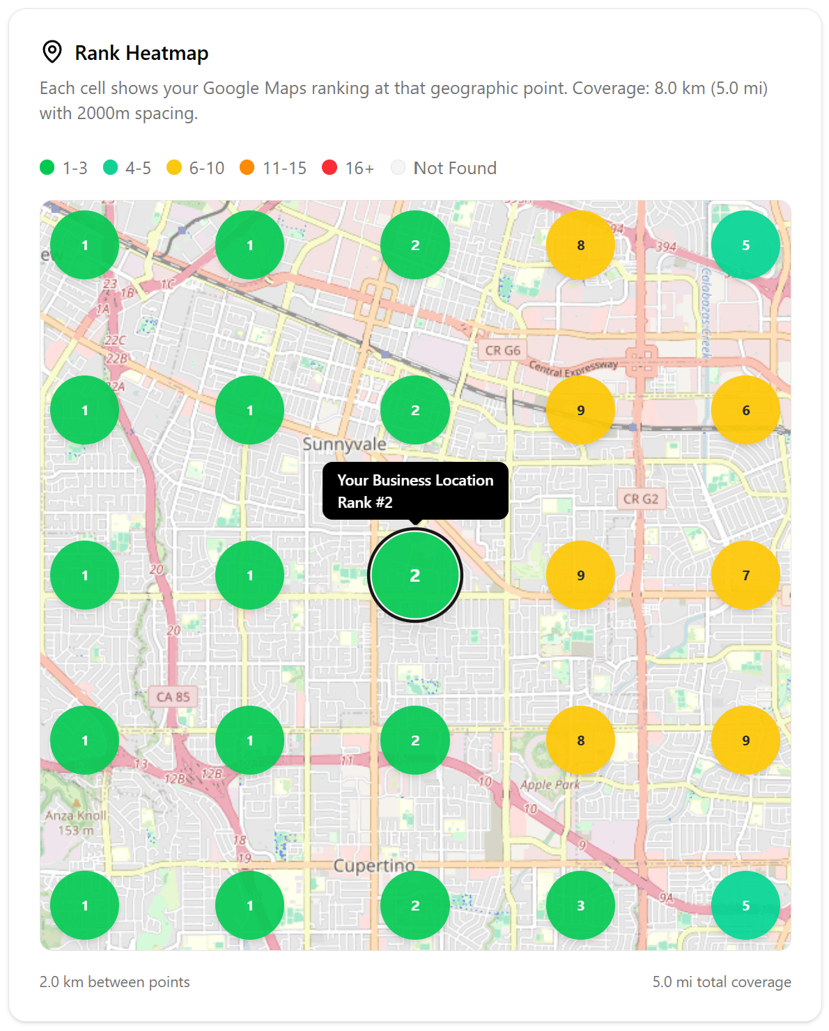 Local rank tracking heatmap showing grid-based ranking positions across Sunnyvale and Cupertino